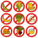 Set of products prohibited during paleo diet in hand drawn cartoon style: corn, cake, rice, carrot, bread, bean, sugar. Healthy food concept